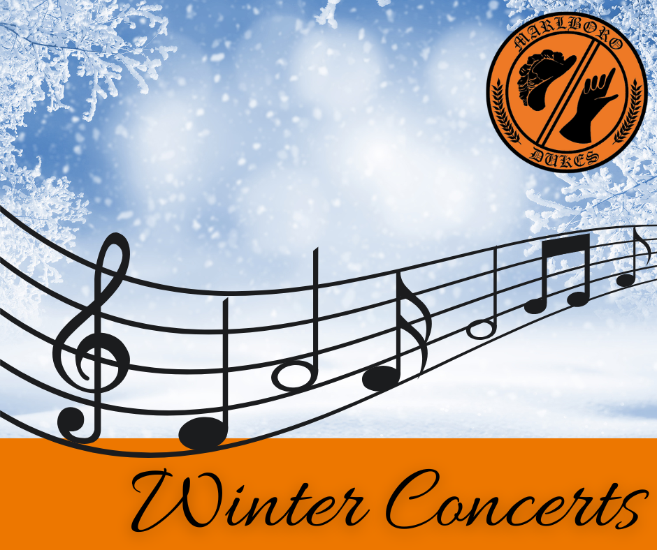 winter scene with music notes and school logo