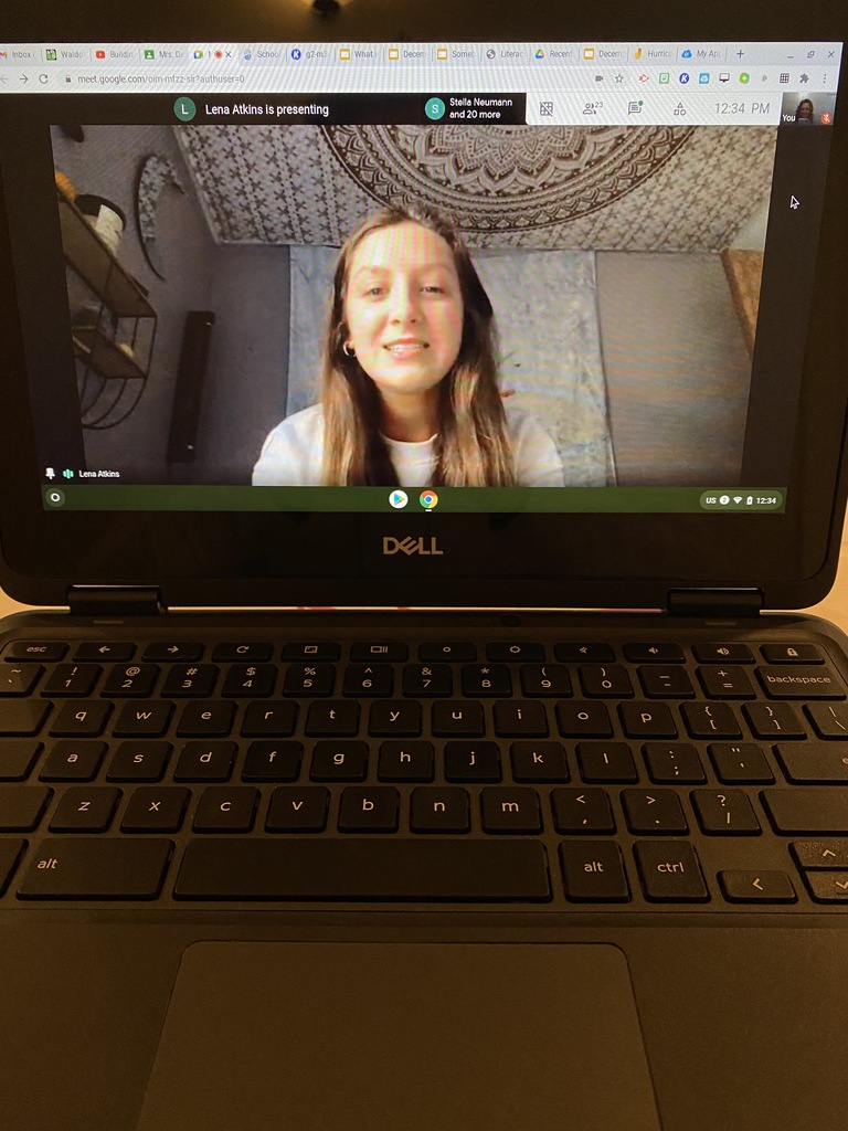 Image of Chromebook showing Lena Atkins presenting virtual lesson for MES students